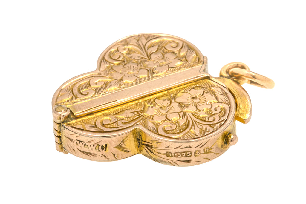9ct Gold Engraved Clover Locket, Heart Centre