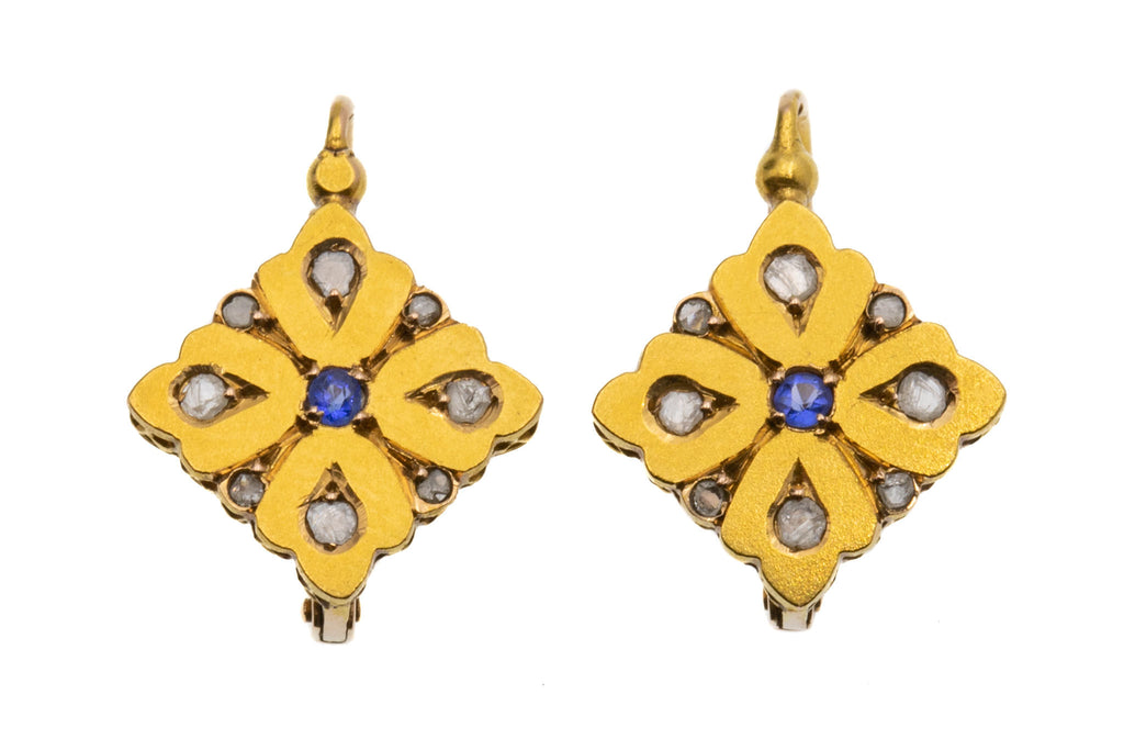 French 18ct Gold Diamond Sapphire Earrings