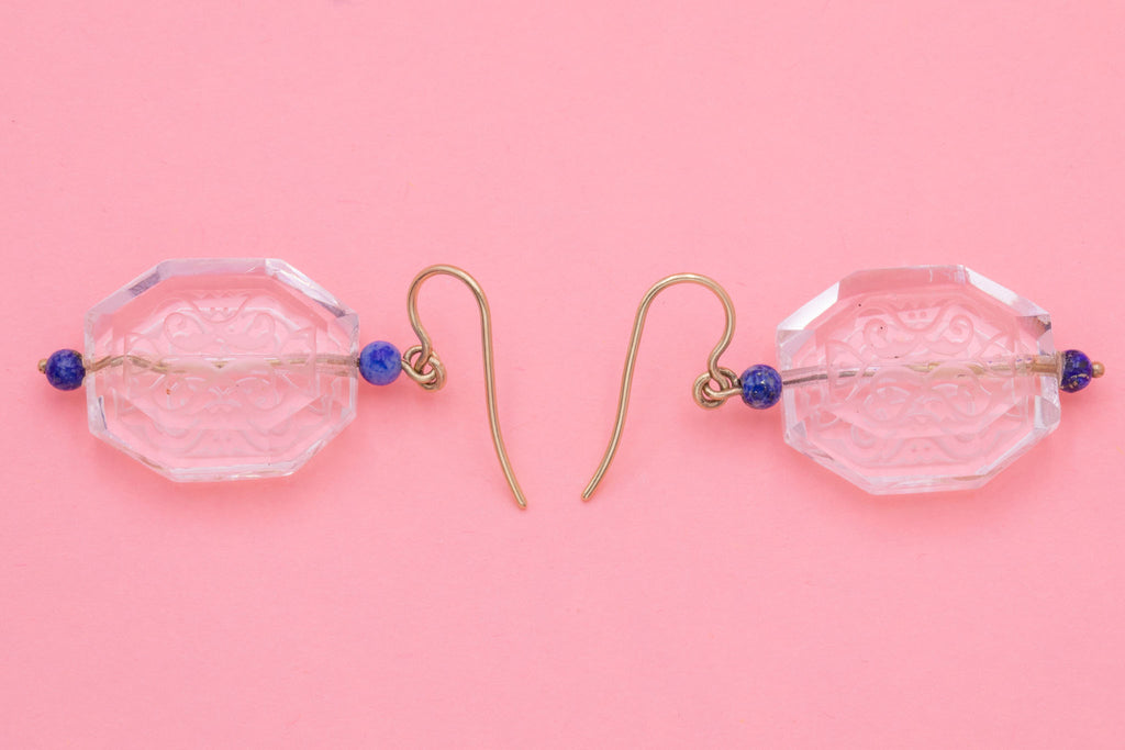 Antique Glass Lapis Lazuli Engraved Earrings, 9ct Gold Hooks