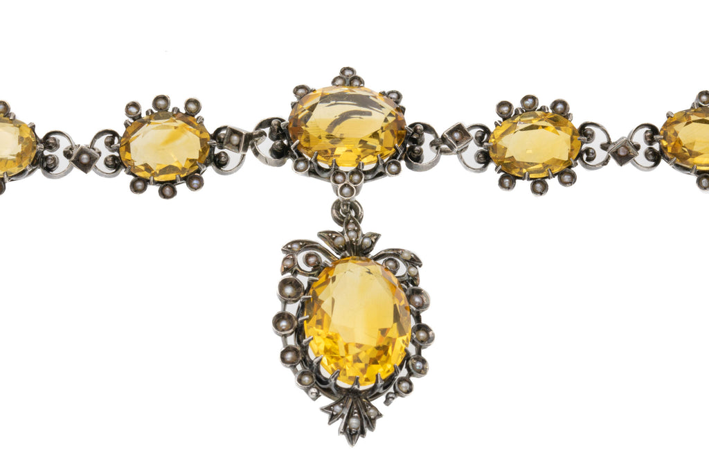 15.5" Silver Citrine and Seed Pearl Necklace with Detachable Pendant, 18.65ct