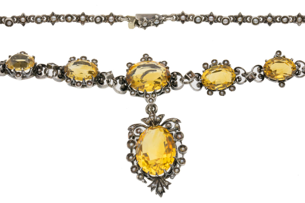 15.5" Silver Citrine and Seed Pearl Necklace with Detachable Pendant, 18.65ct