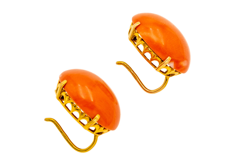 14ct Gold Coral Cabochon Earrings