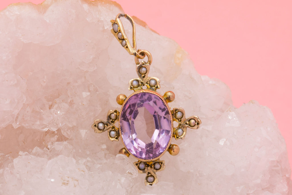 Antique 9ct Gold Amethyst Seed Pearl Pendant, 5.00ct