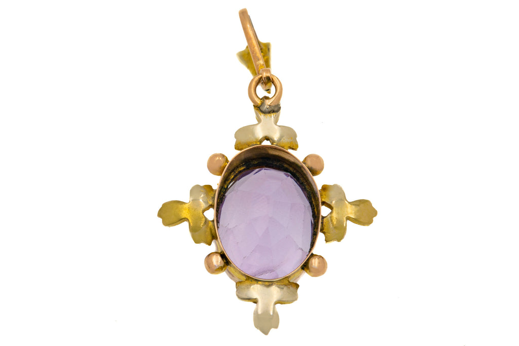 Antique 9ct Gold Amethyst Seed Pearl Pendant, 5.00ct