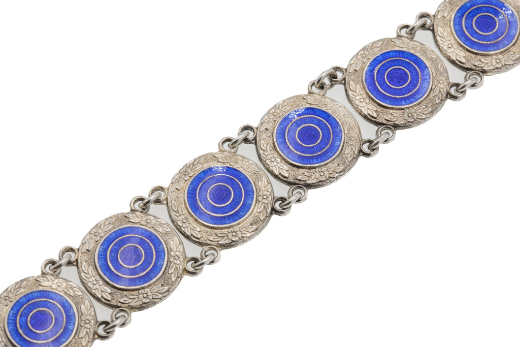 7" Art Deco Silver Royal Blue Enamel Bracelet