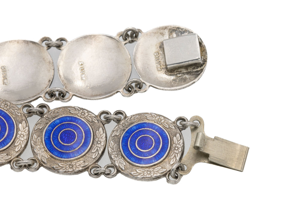 7" Art Deco Silver Royal Blue Enamel Bracelet