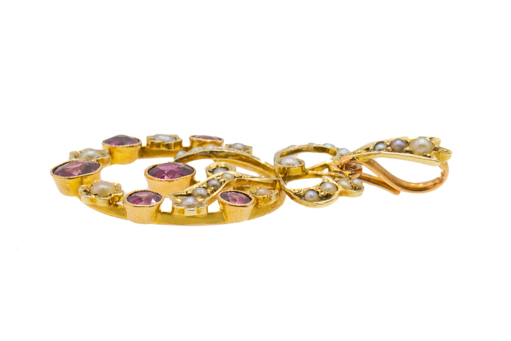 Edwardian 9ct Gold Amethyst & Pearl Bow Pendant