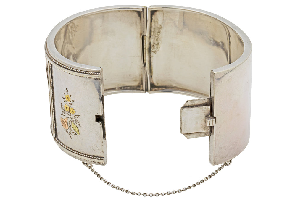 Victorian Aesthetic Movement "Bouquet" Silver & 9ct Gold Bangle