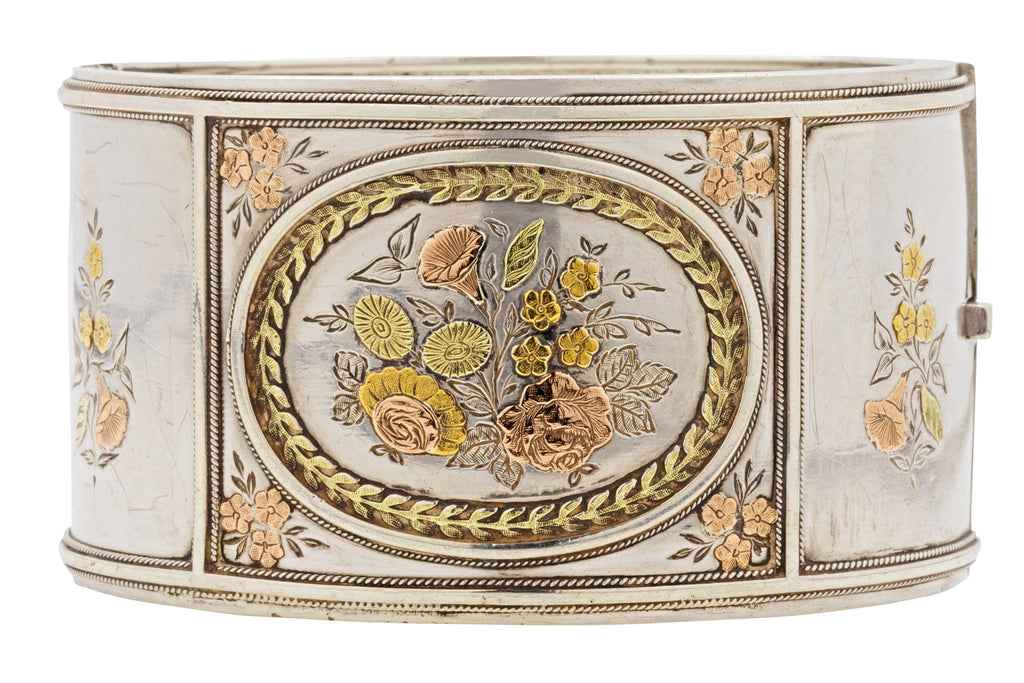 Victorian Aesthetic Movement "Bouquet" Silver & 9ct Gold Bangle